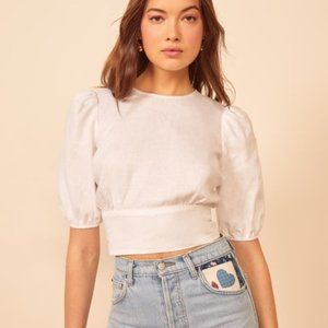 REFORMATION Seychelles White Puff-Sleeve Linen Top